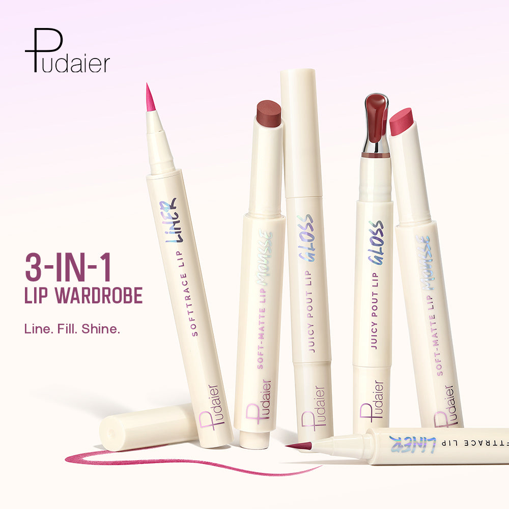 Pudaier 3-in-1 lip set components standing with lip color swatches