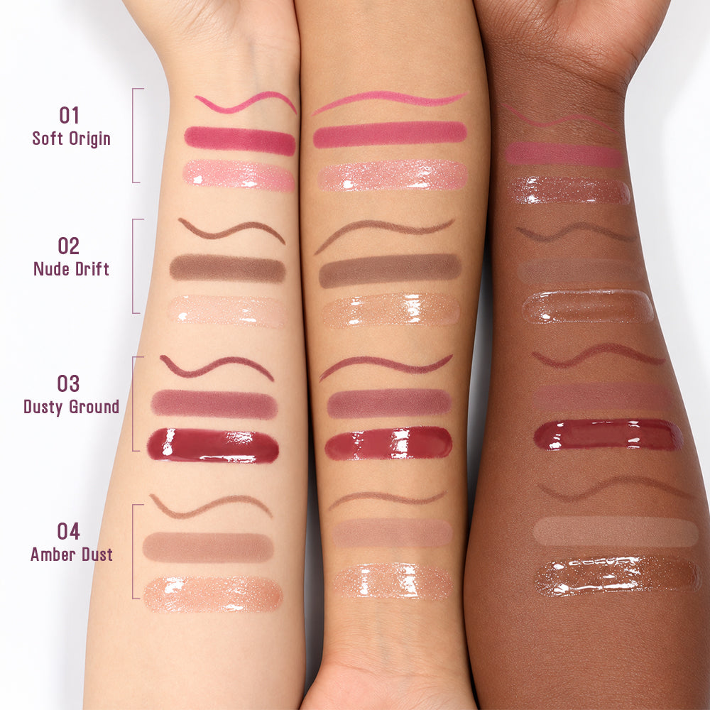 Arm swatches of shades 01 to 04 on light and deep skin tones