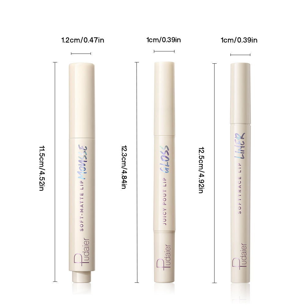 Dimensions chart for Pudaier lip liner, lip mousse, and lip gloss