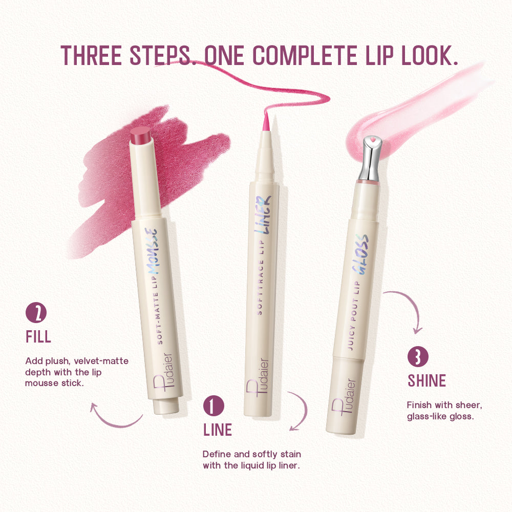 Three-step lip routine demonstration with Pudaier lip makeup set