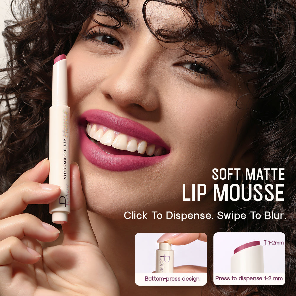 Model applying Pudaier soft matte lip mousse stick