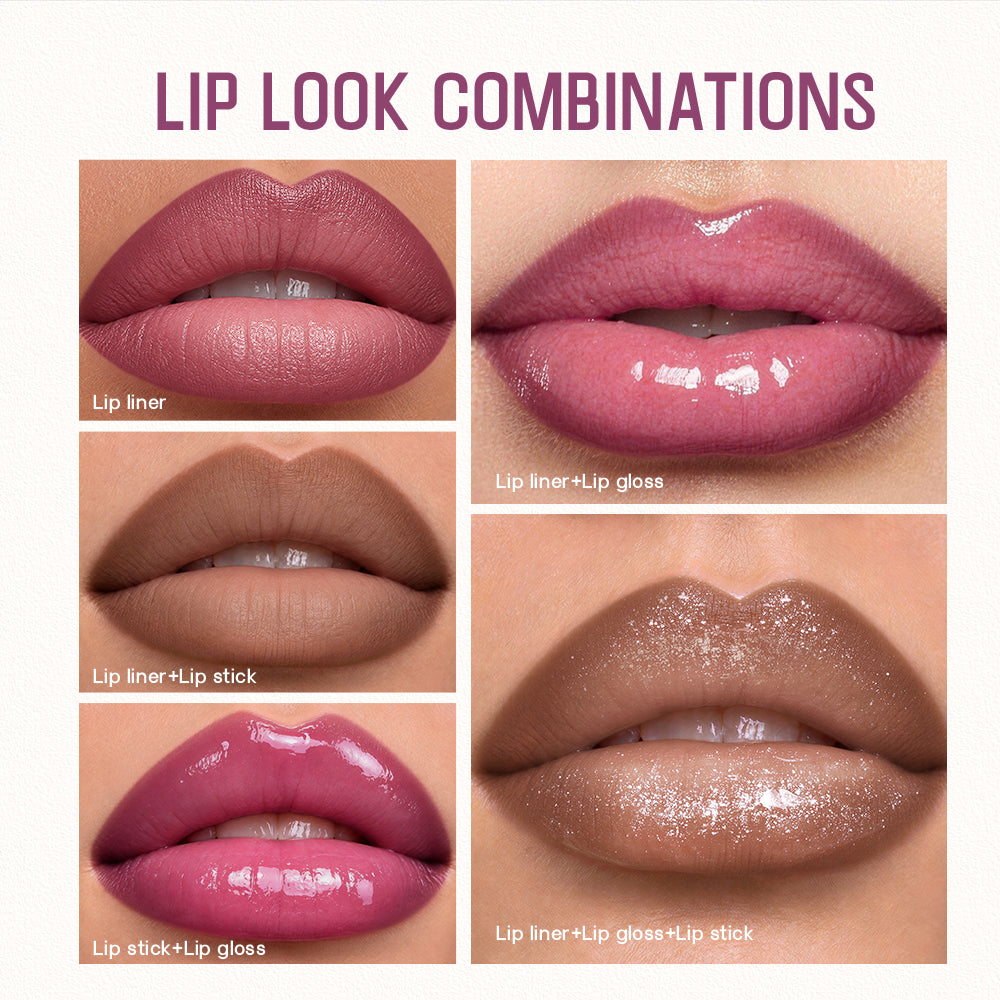 Grid of lip look finishes and color combinations