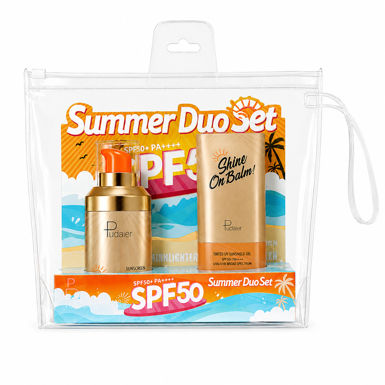 Pudaier Summer Glow Duo Set packaging with SPF 50+ sunscreen and highlighter stick