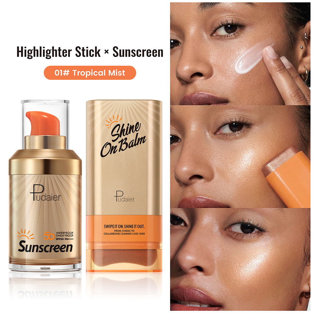 Pudaier® Summer Glow Duo Set-SPF 50+ Sunscreen & Shine On Highlighter Stick