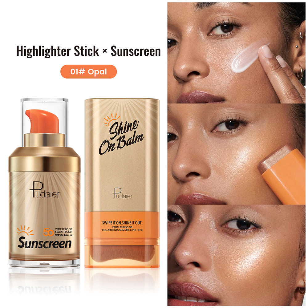 Pudaier® Summer Glow Duo Set-SPF 50+ Sunscreen & Shine On Highlighter Stick