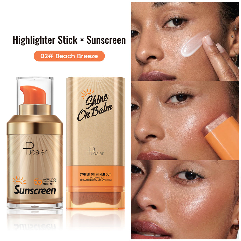 Pudaier® Summer Glow Duo Set-SPF 50+ Sunscreen & Shine On Highlighter Stick