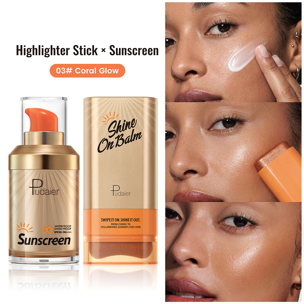 Pudaier® Summer Glow Duo Set-SPF 50+ Sunscreen & Shine On Highlighter Stick